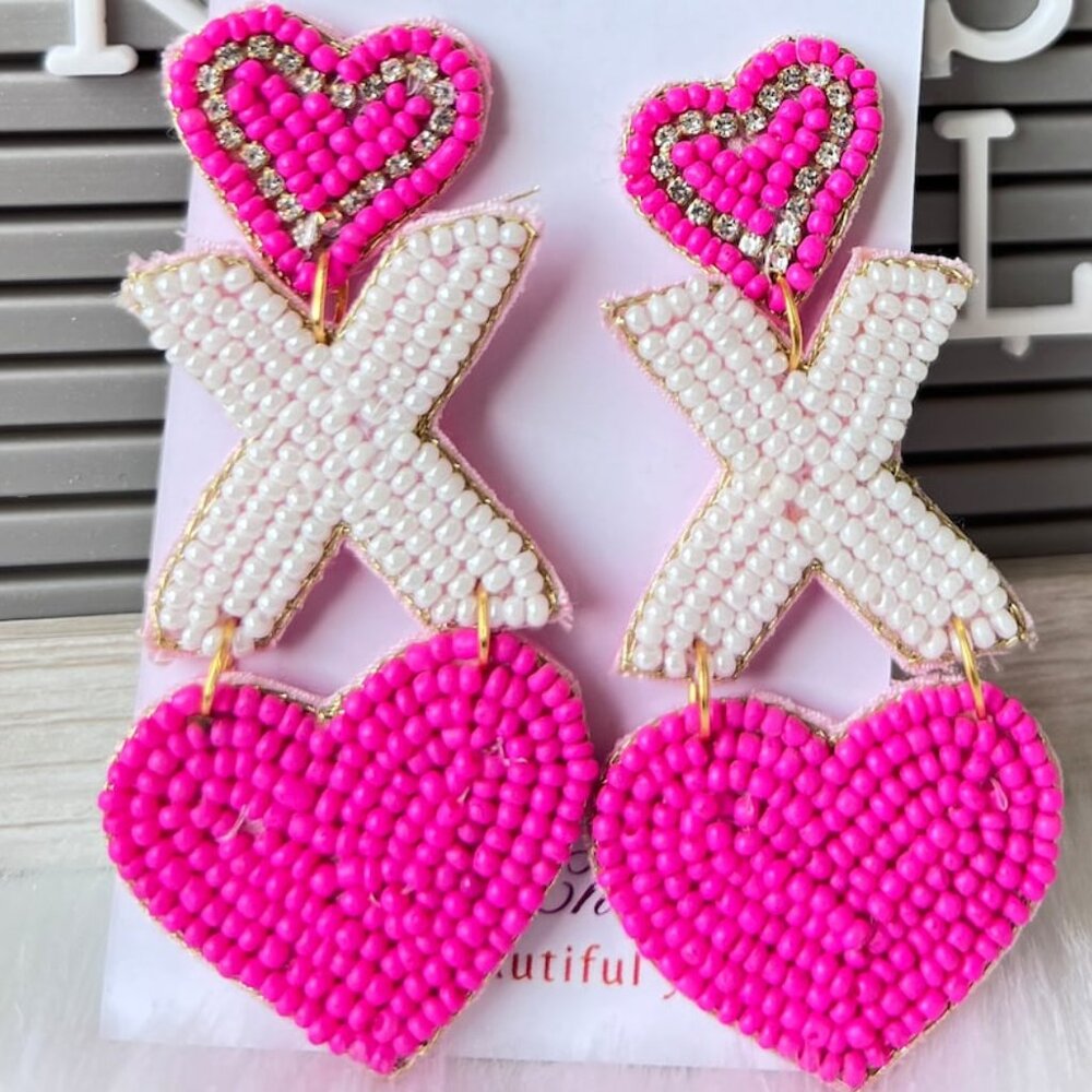 Handmade Beaded Earrings Pink XOXO Beaded Hearts Jewelry